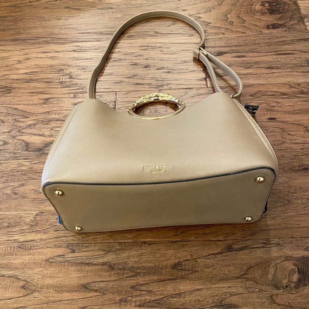 Luella Grey London Beige Snakeskin Satchel Handbag Gold Ring Handle Crossbody